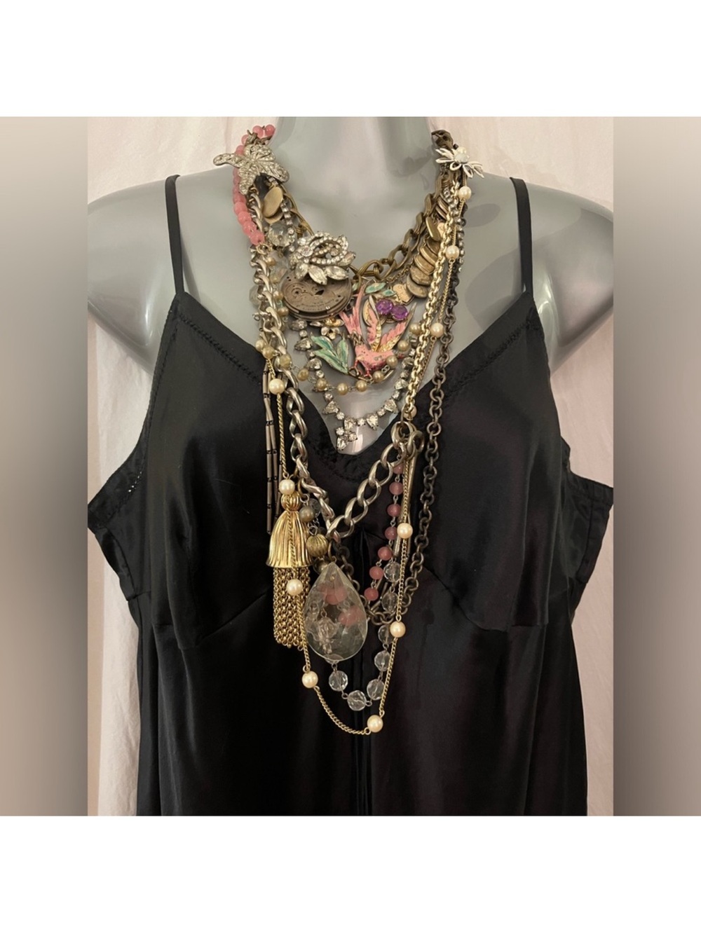 Layered Hand Made Gold Necklace with Gold Tones and Pink Floral Accents